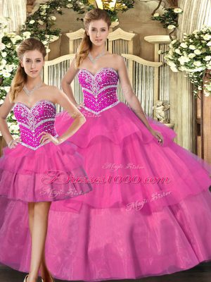 Elegant Lilac Lace Up 15 Quinceanera Dress Beading and Ruffled Layers Sleeveless Floor Length