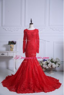Excellent Red Long Sleeves Lace Zipper Evening Gowns
