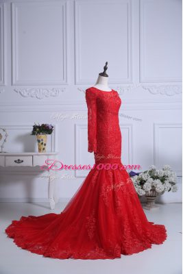 Excellent Red Long Sleeves Lace Zipper Evening Gowns
