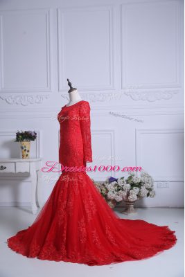 Excellent Red Long Sleeves Lace Zipper Evening Gowns