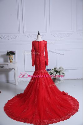 Excellent Red Long Sleeves Lace Zipper Evening Gowns