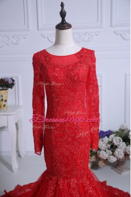 Excellent Red Long Sleeves Lace Zipper Evening Gowns