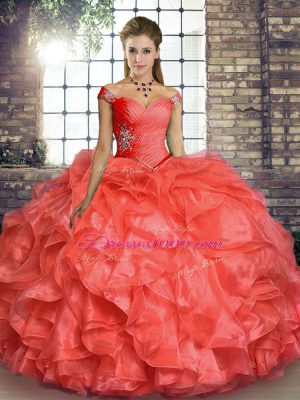 Floor Length Coral Red Quinceanera Dresses Organza Sleeveless Beading and Ruffles