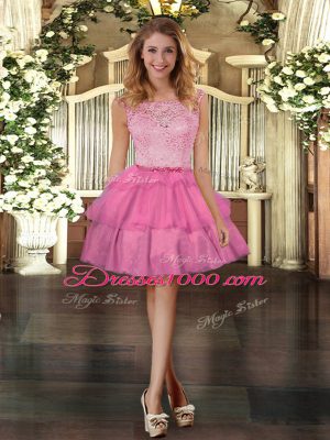 Rose Pink Ball Gowns Tulle Scoop Sleeveless Lace and Ruffled Layers Mini Length Zipper Cocktail Dress
