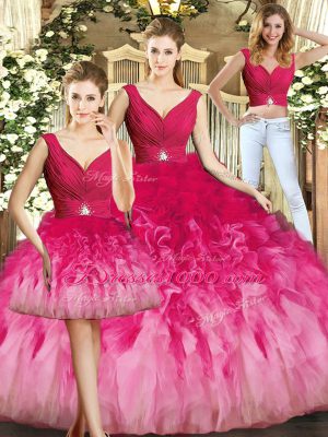 Designer Sleeveless Floor Length Beading and Ruffles Lace Up Quince Ball Gowns with Multi-color