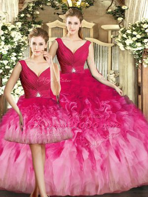 Designer Sleeveless Floor Length Beading and Ruffles Lace Up Quince Ball Gowns with Multi-color