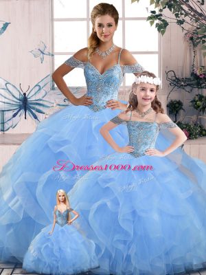 Fine Floor Length Blue 15 Quinceanera Dress Off The Shoulder Sleeveless Lace Up