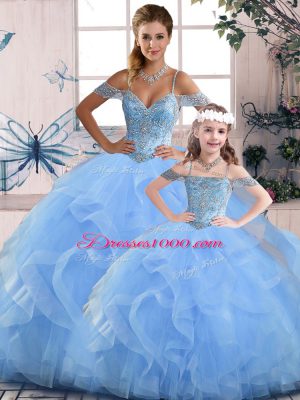 Fine Floor Length Blue 15 Quinceanera Dress Off The Shoulder Sleeveless Lace Up