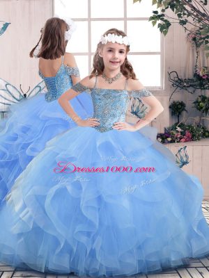 Fine Floor Length Blue 15 Quinceanera Dress Off The Shoulder Sleeveless Lace Up