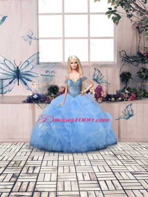 Fine Floor Length Blue 15 Quinceanera Dress Off The Shoulder Sleeveless Lace Up