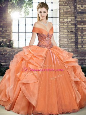 Luxurious Beading and Ruffles Quinceanera Dress Orange Lace Up Sleeveless Floor Length