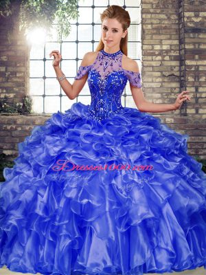 Hot Selling Organza Halter Top Sleeveless Lace Up Beading and Ruffles 15th Birthday Dress in Blue