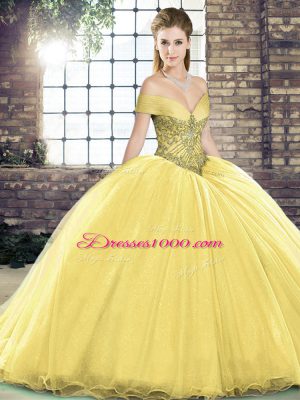 Gold Ball Gowns Organza Off The Shoulder Sleeveless Beading Lace Up Quinceanera Dresses Brush Train