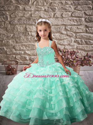 Apple Green Organza Lace Up Straps Sleeveless Little Girl Pageant Dress Brush Train Beading and Ruffled Layers