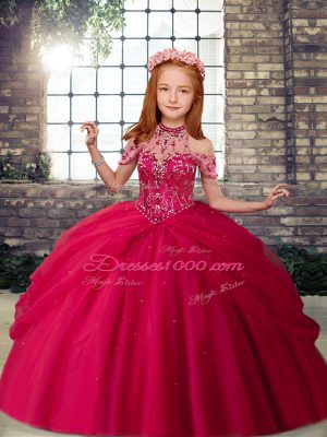 Beauteous Hot Pink Halter Top Neckline Beading Little Girls Pageant Gowns Sleeveless Lace Up