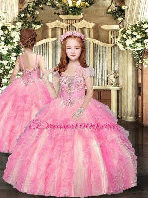 Beauteous Sleeveless Tulle Floor Length Lace Up Kids Formal Wear in Baby Pink with Beading and Ruffles