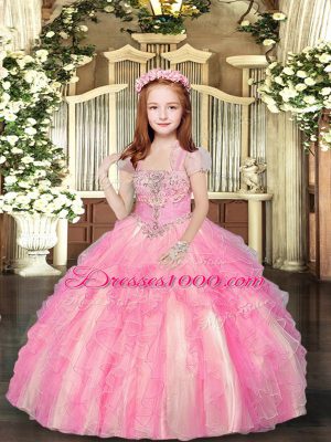 Beauteous Sleeveless Tulle Floor Length Lace Up Kids Formal Wear in Baby Pink with Beading and Ruffles