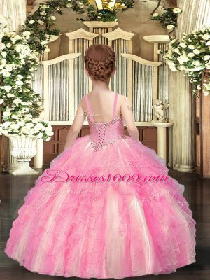 Beauteous Sleeveless Tulle Floor Length Lace Up Kids Formal Wear in Baby Pink with Beading and Ruffles