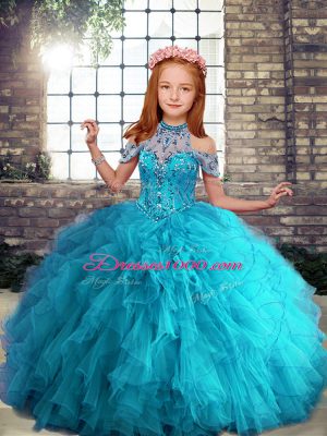 Sleeveless Floor Length Beading and Ruffles Lace Up Little Girls Pageant Dress Wholesale with Aqua Blue