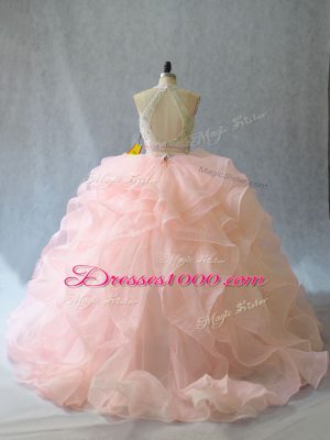 Peach Organza Backless Vestidos de Quinceanera Sleeveless Brush Train Beading and Ruffles