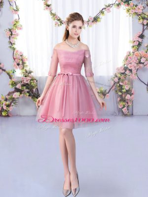 Charming Pink Off The Shoulder Lace Up Lace and Belt Dama Dress Half Sleeves