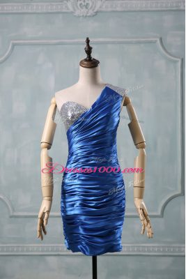 Perfect One Shoulder Sleeveless Prom Dress Mini Length Beading Blue Taffeta