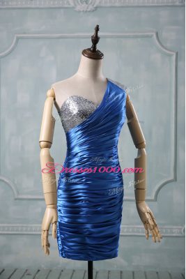 Perfect One Shoulder Sleeveless Prom Dress Mini Length Beading Blue Taffeta