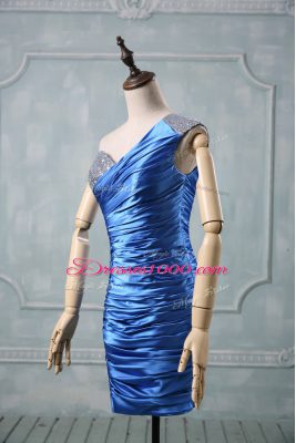 Perfect One Shoulder Sleeveless Prom Dress Mini Length Beading Blue Taffeta