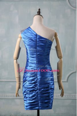 Perfect One Shoulder Sleeveless Prom Dress Mini Length Beading Blue Taffeta