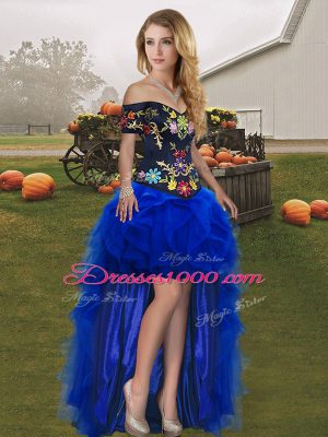 Custom Made A-line Pageant Dress Womens Royal Blue Off The Shoulder Tulle Sleeveless High Low Lace Up