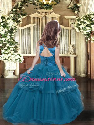 Custom Designed Scoop Sleeveless Tulle Little Girl Pageant Gowns Ruffled Layers Lace Up