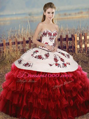 Custom Designed White And Red Sleeveless Embroidery and Ruffled Layers and Bowknot Floor Length 15th Birthday Dress