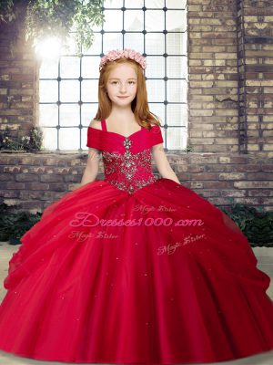 Lovely Floor Length Ball Gowns Sleeveless Red Pageant Gowns For Girls Lace Up