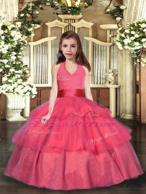 Coral Red Ball Gowns Ruffled Layers Party Dress Wholesale Lace Up Organza Sleeveless Floor Length