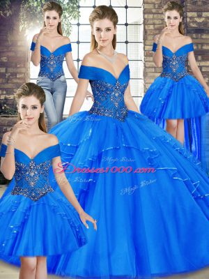 Royal Blue Ball Gowns Tulle Off The Shoulder Sleeveless Beading and Ruffles Floor Length Lace Up 15th Birthday Dress
