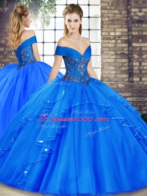 Royal Blue Ball Gowns Tulle Off The Shoulder Sleeveless Beading and Ruffles Floor Length Lace Up 15th Birthday Dress