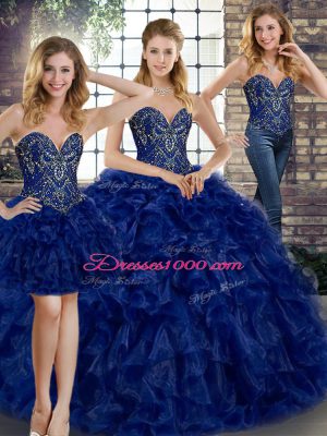 Deluxe Sleeveless Organza Floor Length Lace Up 15 Quinceanera Dress in Royal Blue with Beading and Ruffles