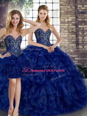 Deluxe Sleeveless Organza Floor Length Lace Up 15 Quinceanera Dress in Royal Blue with Beading and Ruffles