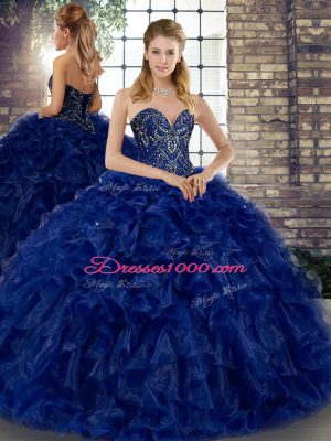 Deluxe Sleeveless Organza Floor Length Lace Up 15 Quinceanera Dress in Royal Blue with Beading and Ruffles