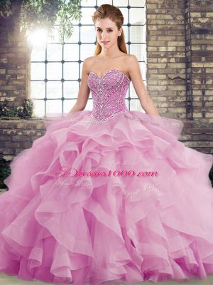 Chic Lilac Ball Gowns Beading and Ruffles Quinceanera Dress Lace Up Tulle Sleeveless