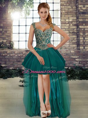 Romantic High Low Lace Up Glitz Pageant Dress Dark Green for Prom and Party with Beading