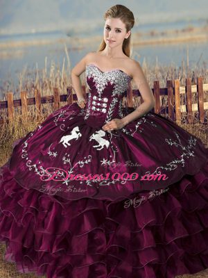 Embroidery and Ruffles Quinceanera Gown Purple Lace Up Sleeveless Floor Length