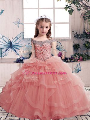 Custom Design Pink Tulle Lace Up Winning Pageant Gowns Sleeveless Floor Length Beading and Ruffles