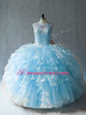 Wonderful Blue Lace Up Quinceanera Gowns Beading and Ruffles Sleeveless Floor Length