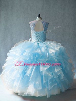 Wonderful Blue Lace Up Quinceanera Gowns Beading and Ruffles Sleeveless Floor Length