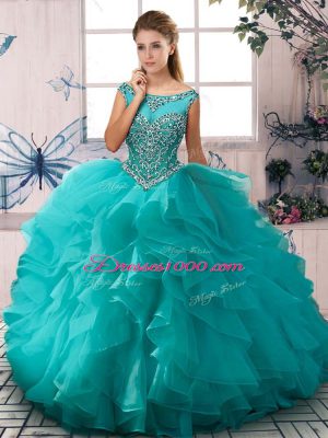 Luxury Organza Sleeveless Floor Length Ball Gown Prom Dress and Beading and Ruffles