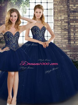 High Class Navy Blue Lace Up 15th Birthday Dress Beading Sleeveless Floor Length