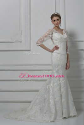 Gorgeous White Mermaid Lace and Hand Made Flower Wedding Dress Lace Up Lace 3 4 Length Sleeve