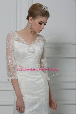 Gorgeous White Mermaid Lace and Hand Made Flower Wedding Dress Lace Up Lace 3 4 Length Sleeve