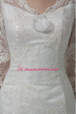 Gorgeous White Mermaid Lace and Hand Made Flower Wedding Dress Lace Up Lace 3 4 Length Sleeve